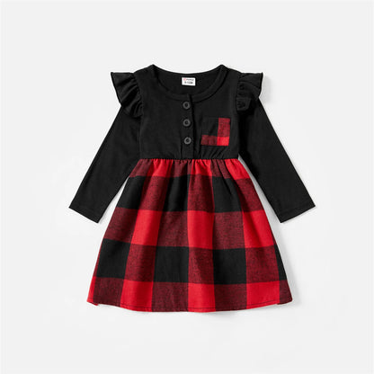 Christmas Red Plaid Splicing Black Long-sleeve Sets