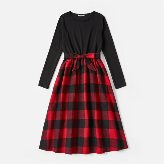 Christmas Red Plaid Splicing Black Long-sleeve Sets