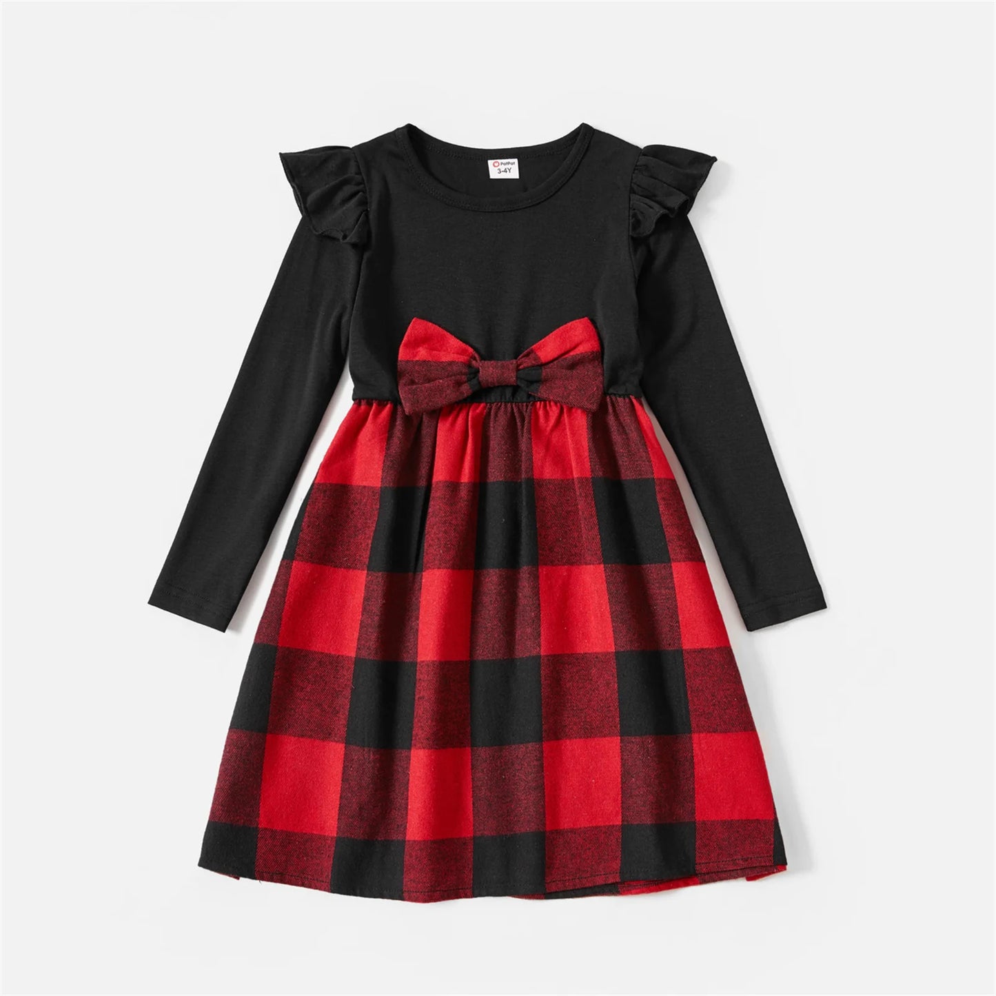 Christmas Red Plaid Splicing Black Long-sleeve Sets