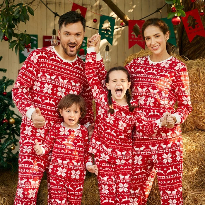 Deer & Snowflake Print Red Fleece Pajamas Sets