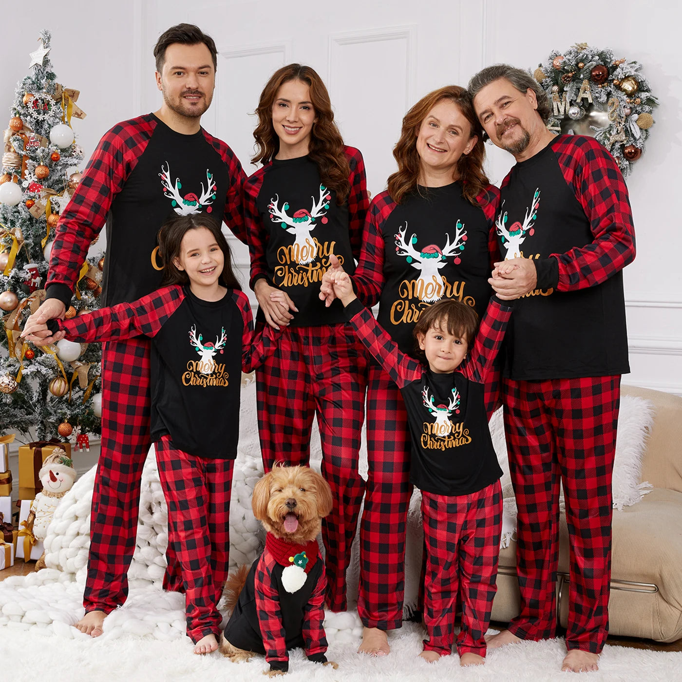 Letter Antler Print Plaid Splice Pajamas Sets