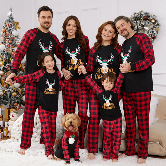 Letter Antler Print Plaid Splice Pajamas Sets