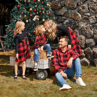 Christmas Red Plaid Splicing Black Long-sleeve Sets