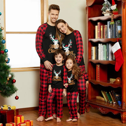 Letter Antler Print Plaid Splice Pajamas Sets