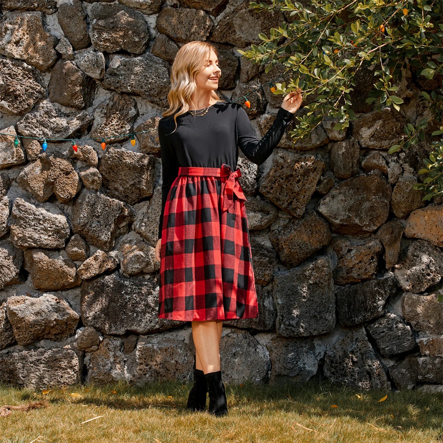 Christmas Red Plaid Splicing Black Long-sleeve Sets