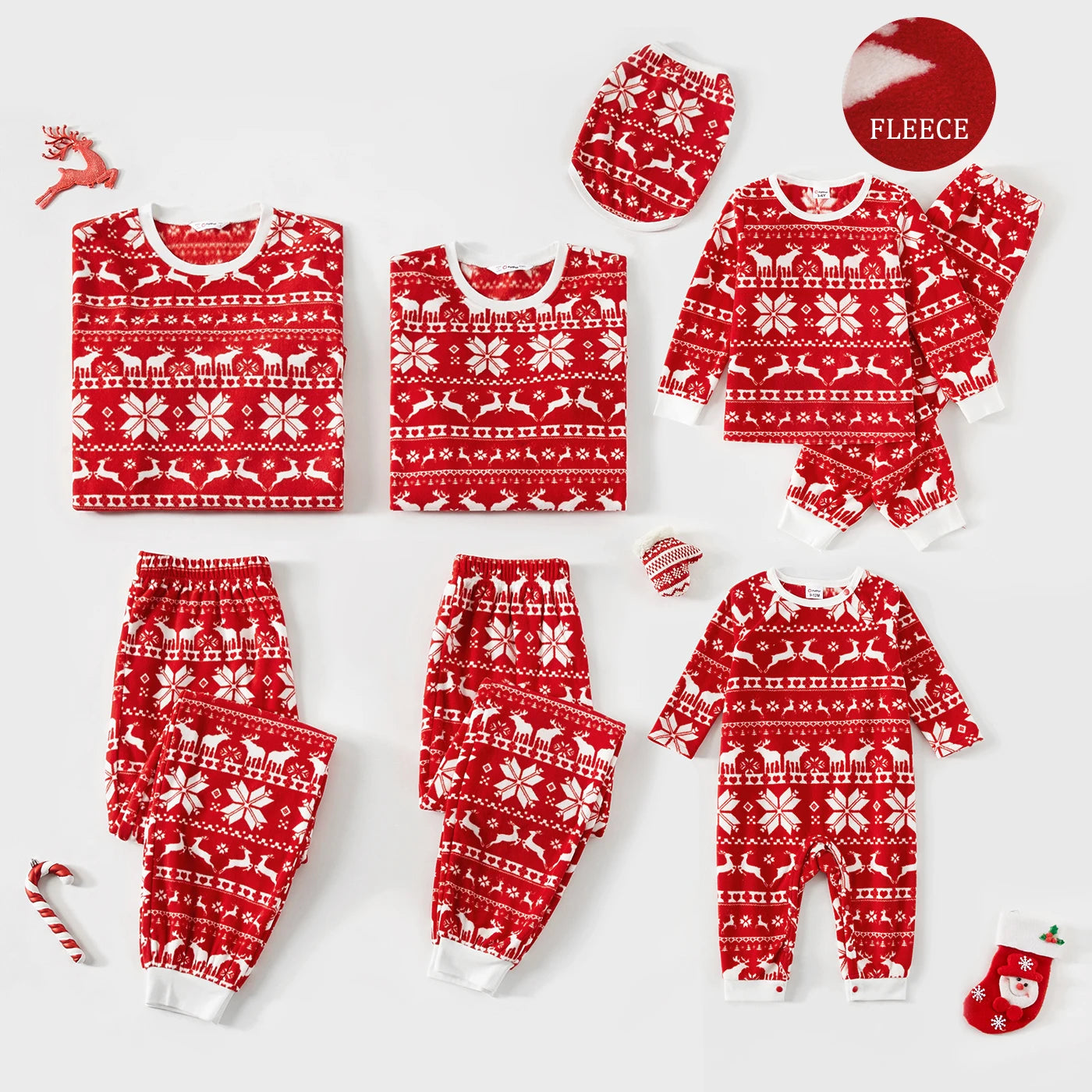 Deer & Snowflake Print Red Fleece Pajamas Sets