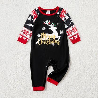 Deer & Letter Print Black Long-sleeve Pajamas Sets