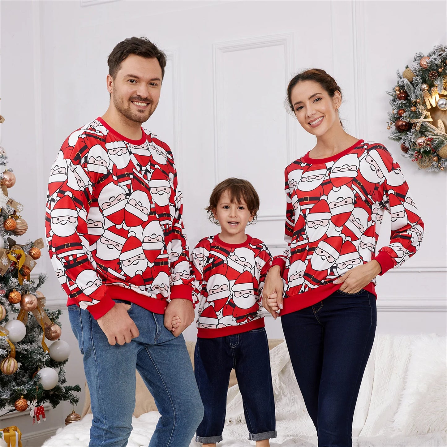 Santa Claus Print Red Long-sleeve Sweatshirts Set