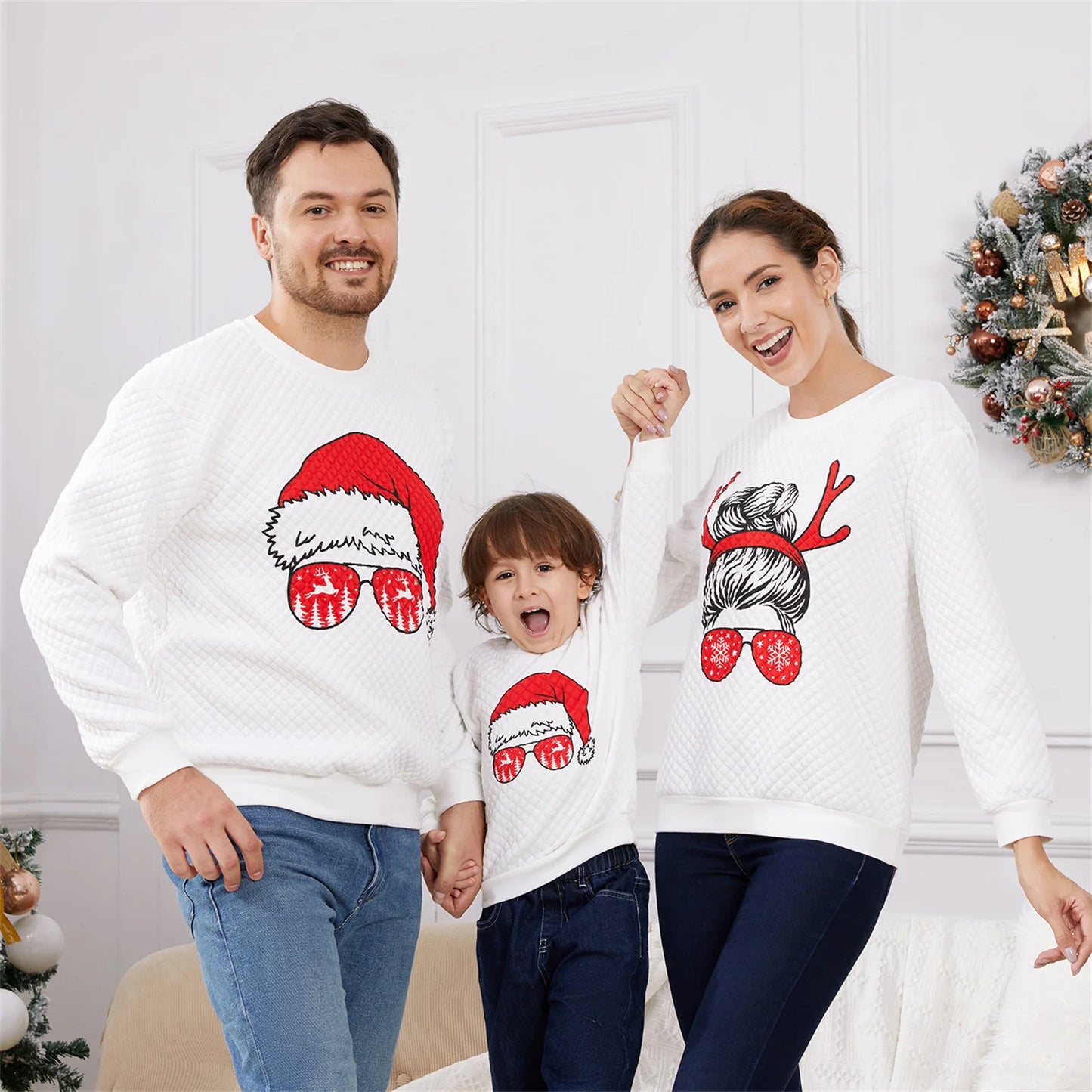 Print White Family Matching Textured Sweatshirts