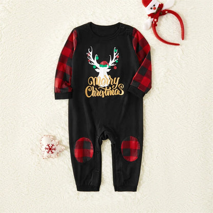 Letter Antler Print Plaid Splice Pajamas Sets