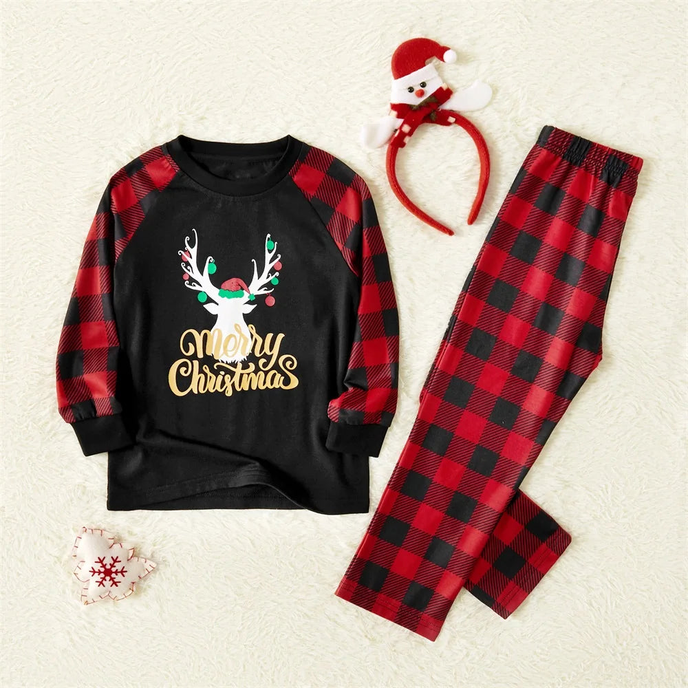 Letter Antler Print Plaid Splice Pajamas Sets