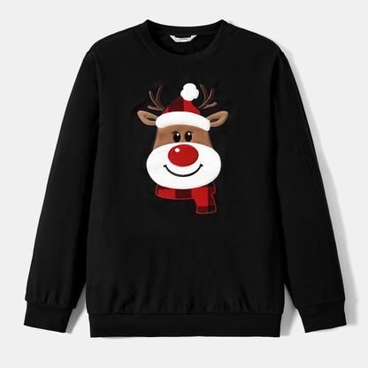 Cartoon Reindeer Patch Long-sleeve Tops