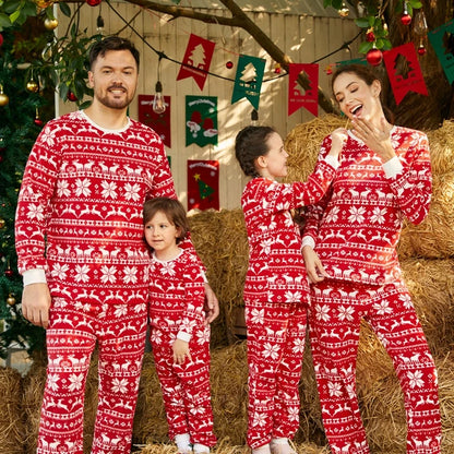 Deer & Snowflake Print Red Fleece Pajamas Sets