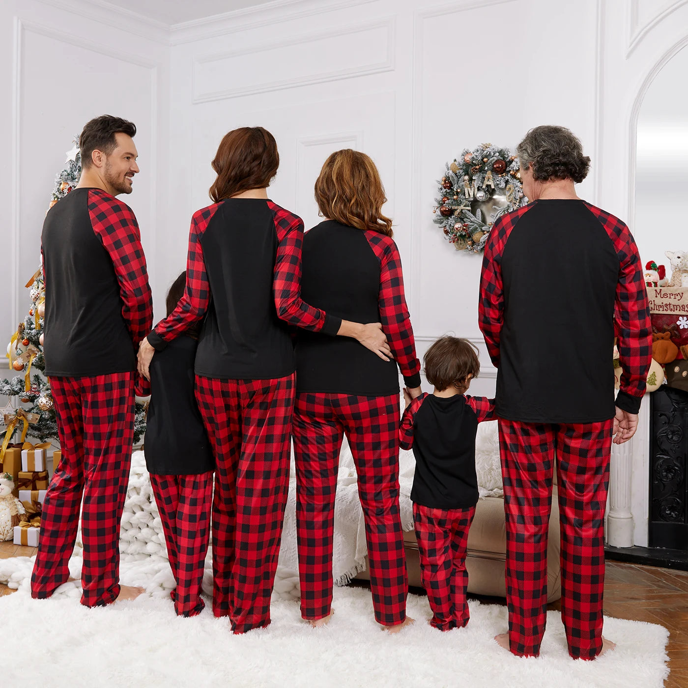 Letter Antler Print Plaid Splice Pajamas Sets