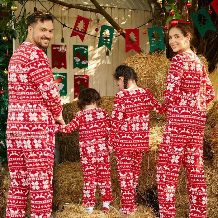 Deer & Snowflake Print Red Fleece Pajamas Sets