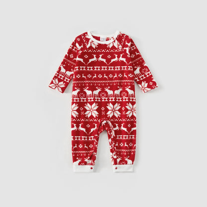 Deer & Snowflake Print Red Fleece Pajamas Sets