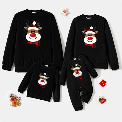 Cartoon Reindeer Patch Long-sleeve Tops